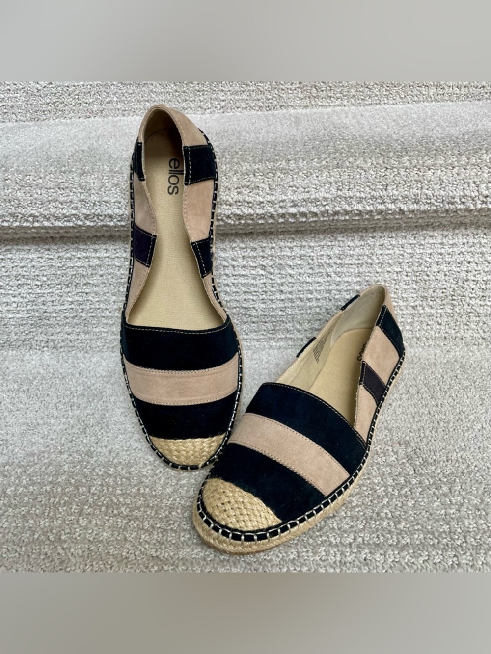 Ellos Women's 11M Faux Black Tan Suede Jute Espadrille Flats Shoes Summer Travel